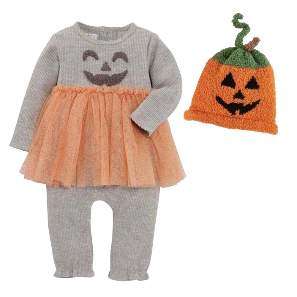Baby Pumpkin Outfit 2-Piece Bundle 🎃 Mud Pie Tutu Romper + Knit Hat | Halloween
